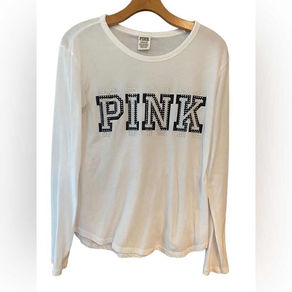 Pink Sz S White Rhinestone Crew Neck Classic Cotton Long Sleeve T-Shirt